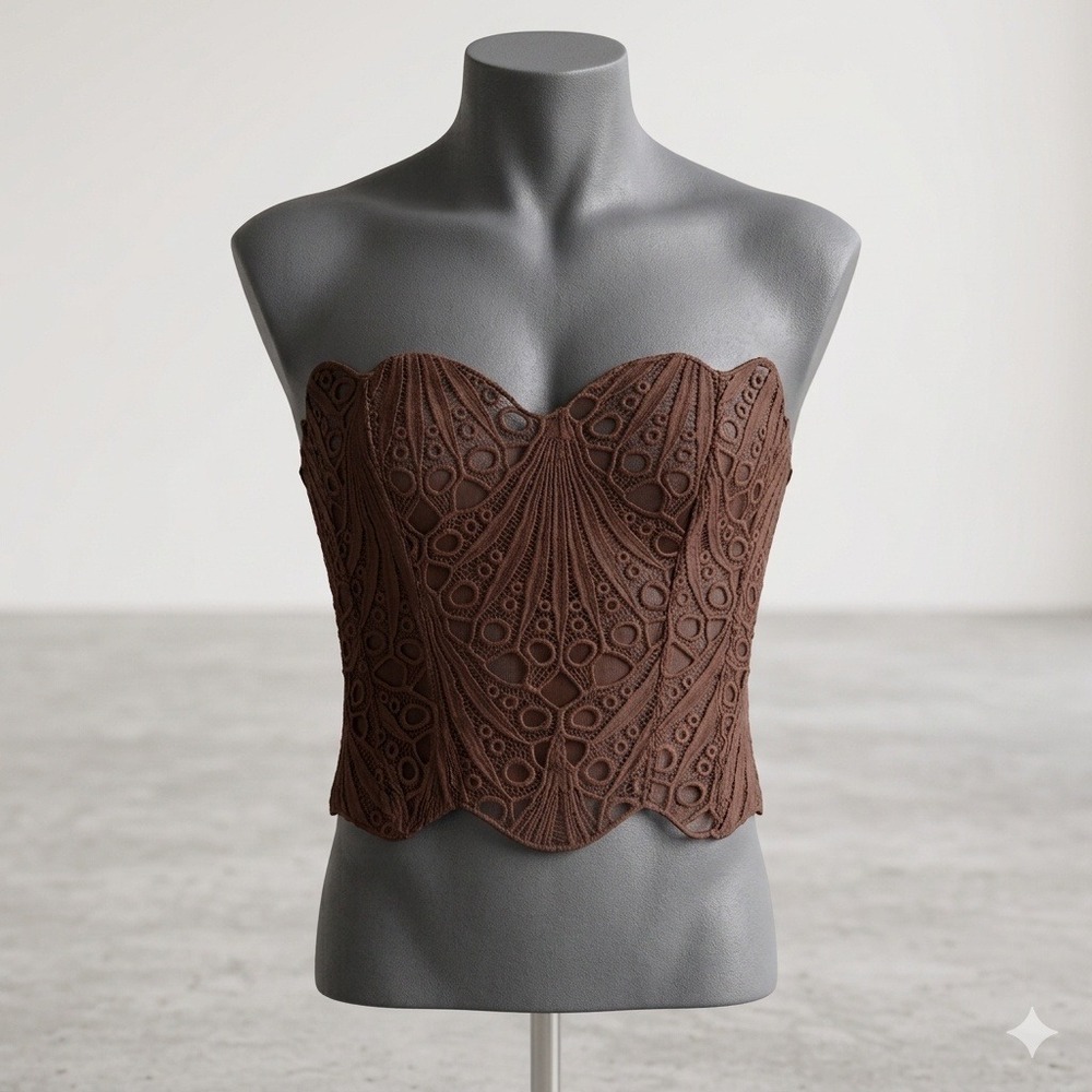 Renaissance Corset Top Womens Brown Coquette Lace Up Floral Embroidered Mesh